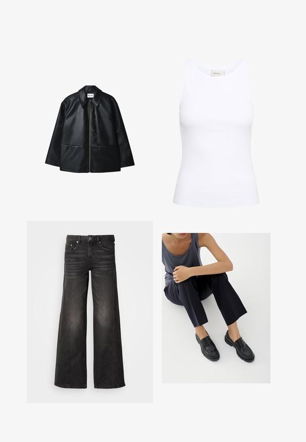 Sort læderjakke med lynlås foran, stor krave og to forlommer. Har en glat tekstur og struktureret design.; Hvid ribbet tanktop med rund halsudskæring og uden ærmer. Strækbart stof og tætsiddende design. Etiketten bagpå viser "GESTUZ."; Sorte vidde-ben denimjeans med falmede detaljer, fem-lomme design, knap- og lynlåslukning.; Sorte læderloafers med teksturerede detaljer, lav hæl, rund tå og synlige syninger. Modellen bærer mørke bukser og en grå top.