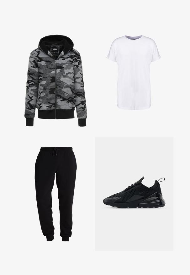 Hoodie mit Reißverschluss im grauen Camouflage-Muster. Der Stoff hat eine weiche Textur mit einem schwarzen Fleece-fütterten Innenbereich und gerippten Bündchen.; Weißes Baumwoll-T-Shirt mit kurzen Ärmeln, Rundhalsausschnitt und lockerer Passform. Glatte Textur und keine sichtbaren Muster oder Designs.; Schwarze Sweatpants aus weichem Material, mit einem elastischen Bund und einem Kordelzug, schmal zulaufenden Beinöffnungen und seitlichen Taschen.; Schwarzer Nike Air Max 270 Sneaker mit strukturiertem Obermaterial, Mesh-Einsätzen und einer glänzenden Ferse mit einer auffälligen Luftpolsterungseinheit.