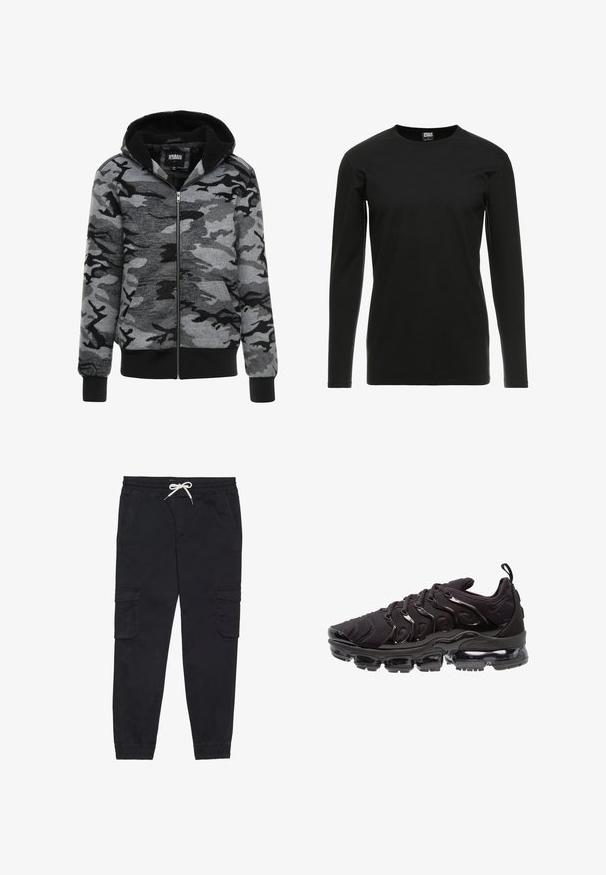 Huppari harmaassa camouflage-kuosissa, jossa on vetoketju. Kangas on pehmeää, ja siinä on musta fleecevuori sisäpuolella sekä ribbireunukset hihansuissa.; Urban Classics STRETCH TERRY - Pitkähihainen paita - black; Mustat cargo-housut, jotka on valmistettu puuvillasta ja joissa on elastinen vyötärönauha kiristysnyörillä, sivutaskut ja kapenevat lahkeet.; Mustat urheilukengät, joissa on teksturoitu kangasosa, kiiltävät yksityiskohdat ja erottuva ilmatäytteinen pohja. Ominaisuuksina on selkeä aaltoileva muotoilu.