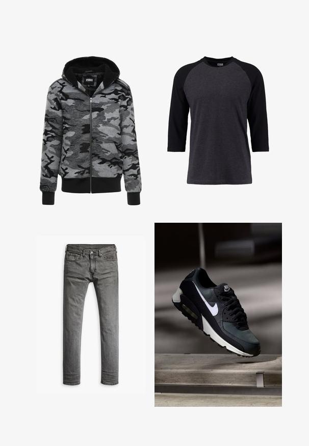 Hoodie mit Reißverschluss im grauen Camouflage-Muster. Der Stoff hat eine weiche Textur mit einem schwarzen Fleece-fütterten Innenbereich und gerippten Bündchen.; Dreiviertel-Ärmel T-Shirt in Dunkelgrau mit schwarzen Raglan-Ärmeln. Baumwollmischgewebe, Rundhalsausschnitt, einfaches Design ohne Grafiken.; Graue Denim-Jeans mit geradem Schnitt, fünf Taschen und klassischem Knopfverschluss. Sie weisen dezente Ausbleichungen und eine glatte Textur auf.; Schwarzer und grauer Nike Air Max Sneaker mit weißem Swoosh, schwebend über einer Betonfläche vor einem verschwommenen dunklen Hintergrund.