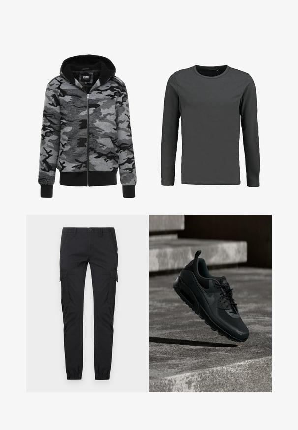 Hoodie mit Reißverschluss im grauen Camouflage-Muster. Der Stoff hat eine weiche Textur mit einem schwarzen Fleece-fütterten Innenbereich und gerippten Bündchen.; Langarm-T-Shirt aus dunkelgrauer Baumwolle, mit Rundhalsausschnitt, geradem Schnitt und glatter Oberfläche ohne Muster oder Akzente.; Schwarze Slim-Fit-Cargohosen mit Vordertaschen, seitlichen Klappentaschen, Gürtelschlaufen, Knopfverschluss und elastischen Bündchen an den Knöcheln.; Schwarzer Nike Air Max Sneaker schwebt in der Luft über einem strukturierten Betonboden mit Betonstufen im Hintergrund.