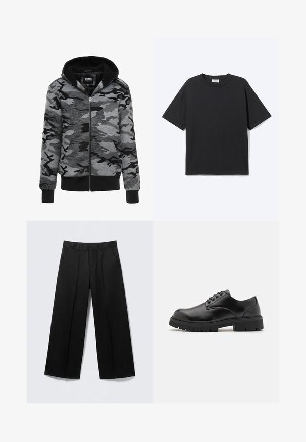 Hooded zip-up sweatshirt in grijs camouflagepatroon. De stof heeft een zachte textuur met een zwart fleece-voering aan de binnenkant en ribgebreide manchetten.; Zwart T-shirt met korte mouwen en ronde hals met een ontspannen pasvorm, vooraanzicht, effen ontwerp en zichtbaar Weekday-merklabel binnenin de kraag.; Zwarte broek met brede pijpen, voorzien van lussen voor een ceintuur, steekzakken aan de voorkant en een ritssluiting, getoond op een lichtgrijze achtergrond.; Zwarte leren schoenen met een ronde neus, vetersluiting en een dikke, gestructureerde rubberen zool. Kenmerken zijn stiksels langs de rand en een gladde afwerking.