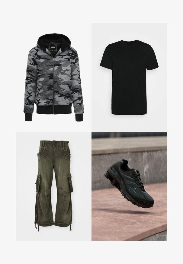 Hoodie mit Reißverschluss im grauen Camouflage-Muster. Der Stoff hat eine weiche Textur mit einem schwarzen Fleece-fütterten Innenbereich und gerippten Bündchen.; Schwarzes kurzärmliges T-Shirt aus glattem Baumwollstoff, mit Rundhalsausschnitt und einem schlichten Design ohne Muster oder Akzente.; Olivgrüne Cargo-Hose aus Baumwolle mit lockerem Schnitt, seitlichen Taschen, Reißverschlüssen an den Knöcheln und Kordelzügen am Saum.; Schwarzer athletischer Sneaker mit sichtbarer Air-Cushioning-Zwischensohle, der über einer rosa Steinoberfläche mit grauer Steinmauer im Hintergrund schwebt.
