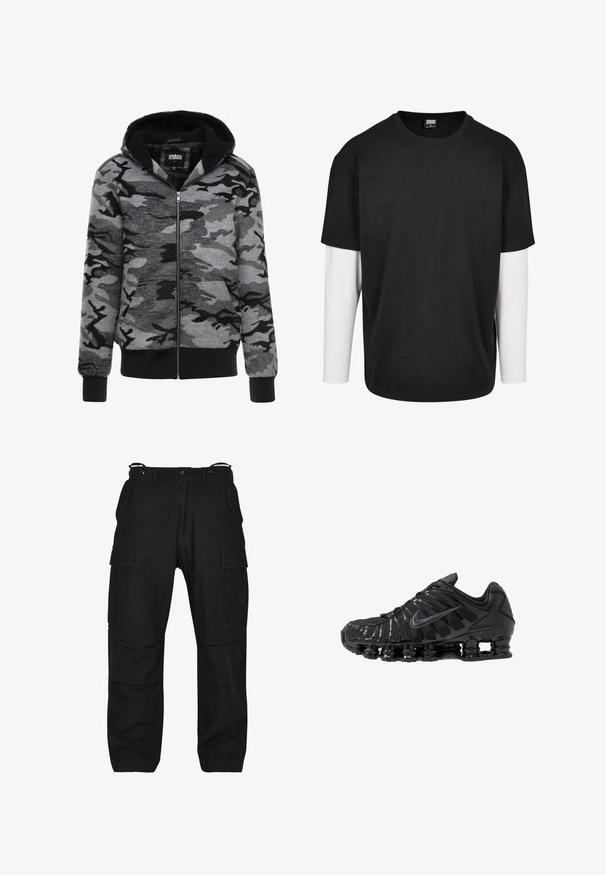 Hættetrøje med lynlås i grå camoufleret mønster. Stof har en blød tekstur med en sort fleeceforet inderside og ribbede manchetter.; Sort kortærmet t-shirt med et hvidt langærmet lag under. Lavet af bomuld med rund halsudskæring og afslappet pasform.; Sorte cargo bukser lavet af slidstærkt stof. Har flere lommer, en afslappet pasform og lynlås med knaplukning. Forstærket syninger ved sømmene.; Sorte atletikskoser lavet af mesh og syntetiske materialer, med et karakteristisk bølget design, sort gummisål og reflekterende detaljer.