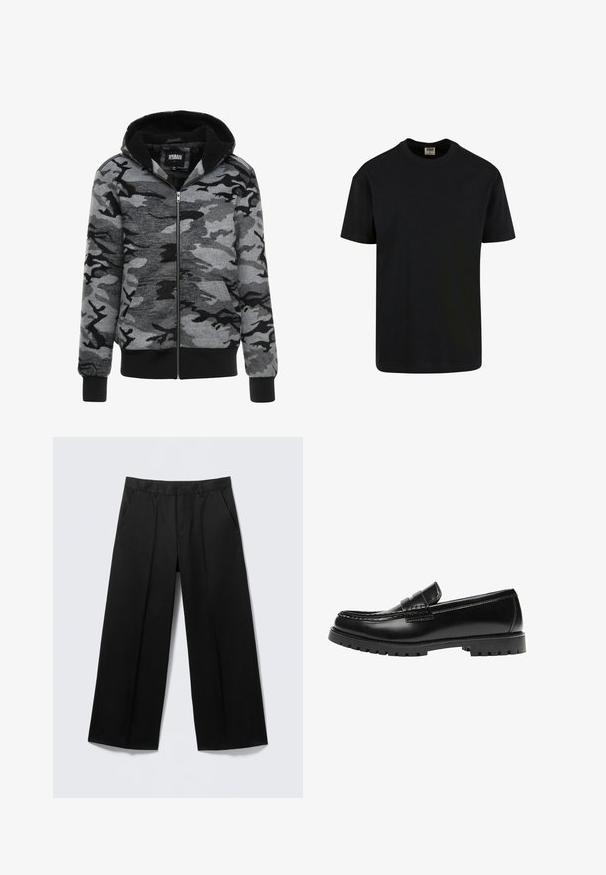 Mikina s kapucňou na zips v šedom kamuflážnom vzore. Tkanina má jemnú textúru a čiernu fleecovú podšívku s rebrovanými manžetami.; Urban Classics SHORTSLEEVE - Základné tričko - black; Čierne široké nohavice s opaskovými očkami, prednými vreckami a zipsom na rozopínanie, zobrazené na svetlosivom pozadí.; Čierna kožená mokasína s robustnou gumovou podrážkou a klasickým pásikom na penny, zobrazená z vonkajšej strany.
