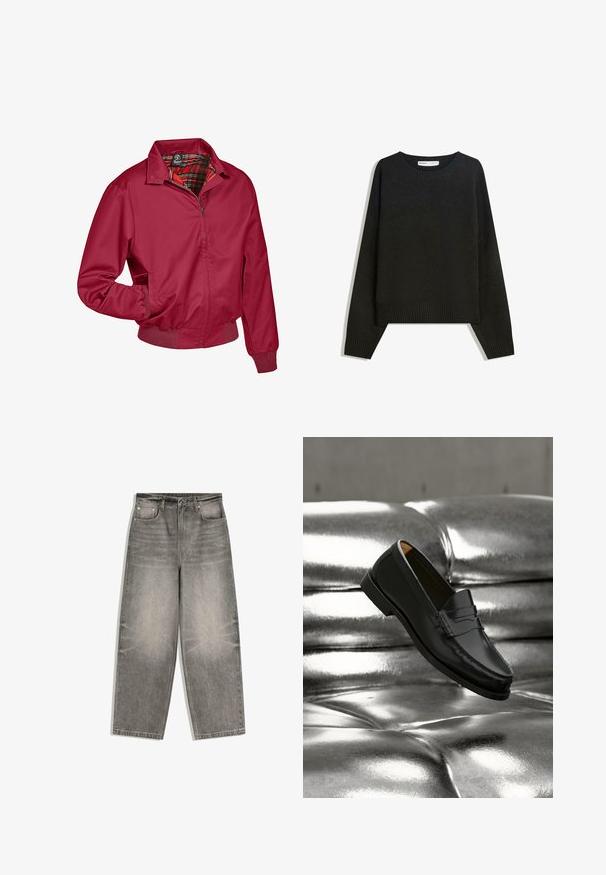 Rote Zip-Jacke mit kariertem Innenfutter. Verfügt über einen Kragen, elastische Bündchen und Seitentaschen. Hergestellt aus einem glatten, leichten Stoff.; Schwarzer gestrickter Pullover mit Rundhalsausschnitt, gerippten Bündchen und Saum. Das Design ist kastig mit überschnittenen Schultern für eine legere Passform.; Grau melierte Jeans mit weitem Bein, Frontknopf, Reißverschluss, Gürtelschlaufen und Fünf-Taschen-Design, flach auf weißem Hintergrund ausgelegt.; Schwarzer Lederloafer, der über einem glänzenden silberfarbenen, gesteppte Ledersofa in einer minimalistischen Umgebung schwebt.