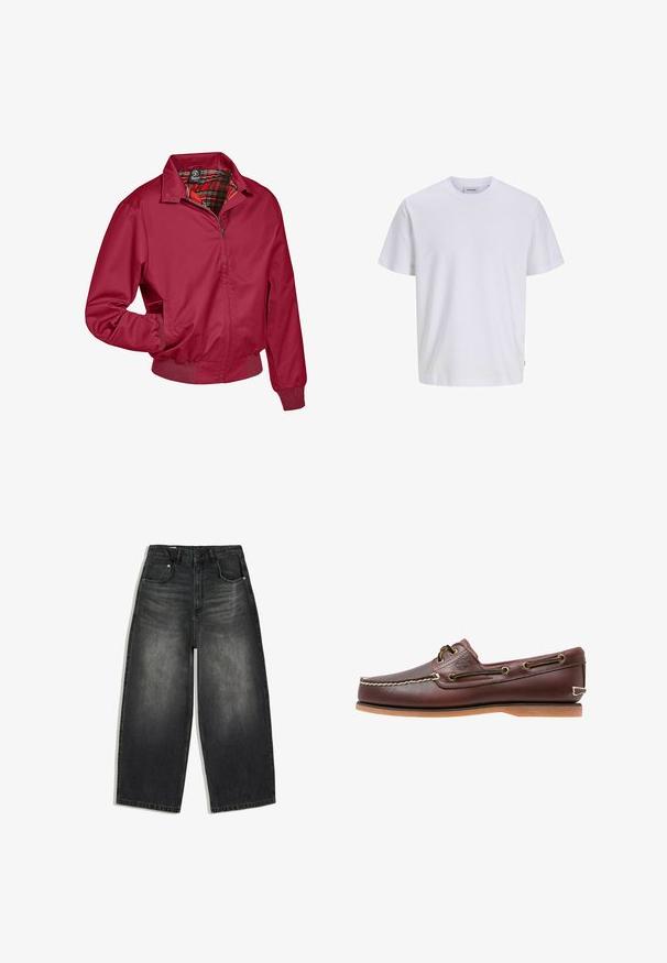 Rote Zip-Jacke mit kariertem Innenfutter. Verfügt über einen Kragen, elastische Bündchen und Seitentaschen. Hergestellt aus einem glatten, leichten Stoff.; Schlichtes weißes T-Shirt mit kurzen Ärmeln und Rundhalsausschnitt, geradem Saum, auf weißem Hintergrund dargestellt.; Schwarz gewaschene Jeans mit weitem Bein, vorne und hinten Taschen, Gürtelschlaufen und einem Knopfverschluss in der Taille.; Brauner Leder-Bootsschuh mit weißen Nähten, Schnürdetails und hellbrauner Gummisohle, seitlich auf weißem Hintergrund gezeigt.