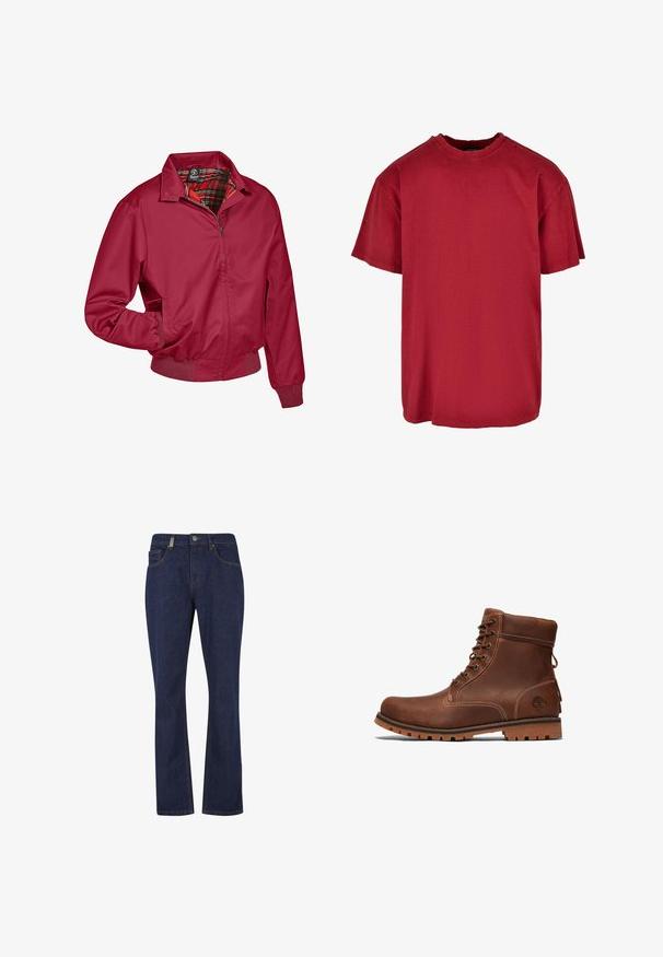 Chaqueta roja con cremallera y forro de cuadros. Cuenta con un cuello, puños elásticos y bolsillos laterales. Fabricada con una tela suave y ligera.; Camiseta de algodón roja con un corte relajado, mangas cortas, cuello redondo y detalles desgastados cerca de los hombros. Sin logotipos visibles.; Vaqueros de mezclilla de pierna recta en azul oscuro, con botón y cremallera delanteros, que cuentan con bolsillos delanteros y traseros y detalles visibles de costura.; Botín de cuero marrón hasta el tobillo con diseño de cordones, cuello acolchado, costuras en contraste y suela de goma con un patrón de textura.