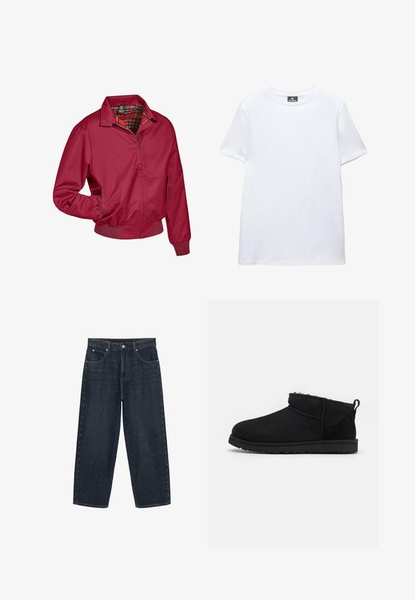 Veste zippée rouge avec un intérieur à carreaux. Présente un col, des poignets élastiques et des poches latérales. Fabriquée en tissu lisse et léger.; T-shirt blanc uni en coton à manches courtes avec col rond et étiquette noire de la marque Pull&Bear à l’intérieur du col.; Jean large à jambes larges bleu foncé avec poches avant, fermeture à boutons, et petites décorations en forme d'étoiles le long des coutures extérieures des deux jambes.; Bottines noires en daim avec une doublure douce et texturée, une semelle en caoutchouc basse et une languette à l'arrière pour un enfilage facile.