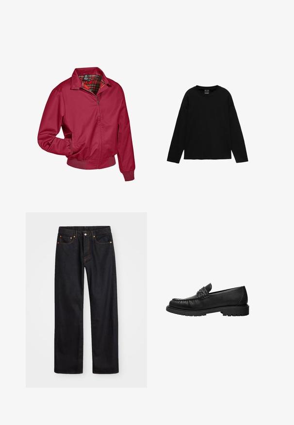 Rote Zip-Jacke mit kariertem Innenfutter. Verfügt über einen Kragen, elastische Bündchen und Seitentaschen. Hergestellt aus einem glatten, leichten Stoff.; Einfarbiges schwarzes Langarmshirt mit Rundhalsausschnitt in entspannter Passform ohne sichtbare Muster oder Logos vor weißem Hintergrund.; Herren gerade geschnittene schwarze Jeans aus Denim mit fünf Taschen und orangefarbenen Nähten, Knopf- und Reißverschluss vorne am Bund.; Schwarzer Lederloafer mit gestepptem Oberteil, mit Nieten besetztem Riemendetail und dicker Profilsohle, seitlich auf weißem Hintergrund gezeigt.