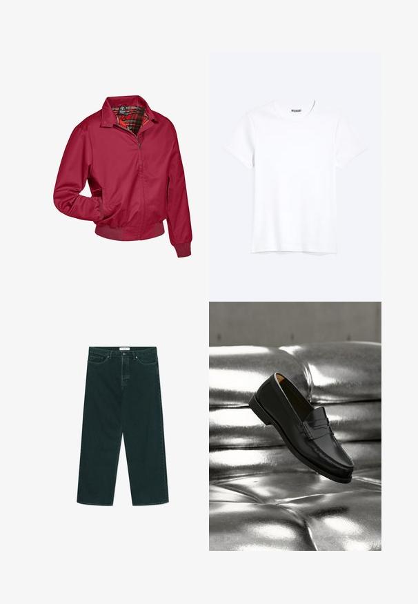 Chaqueta roja con cremallera y forro de cuadros. Cuenta con un cuello, puños elásticos y bolsillos laterales. Fabricada con una tela suave y ligera.; Camiseta blanca lisa de cuello redondo y manga corta con una etiqueta visible de la marca WEEKDAY en el cuello, mostrada sobre un fondo claro.; Jeans de mezclilla de pierna ancha verde oscuro con cierre de botón y cremallera, bolsillos frontales y pasadores para cinturón, extendidos sobre un fondo blanco.; Zapato mocasín de cuero negro flotando sobre un sofá plateado brillante con tapizado capitoné de cuero en un ambiente minimalista.