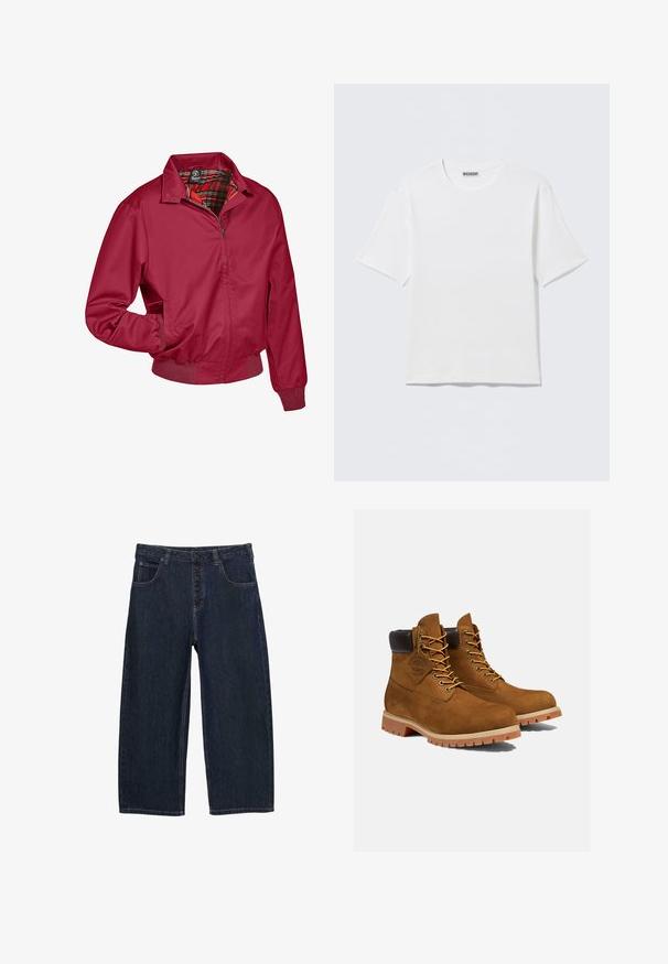 Rode zip-up jas met een geruite binnenvoering. Beschikt over een kraag, elastische manchetten en zijzakken. Gemaakt van glad, lichtgewicht materiaal.; Effen witte T-shirt met korte mouwen en ronde hals, met een klein "WEEKDAY" label aan de binnenkant van de achterkraag, weergegeven op een vlakke ondergrond.; Donkerblauwe denim wijde pijpen jeans met een hoge taille, vijf zakken en een knoopsluiting. Gestikte details langs de naden.; Bruine suède enkellaarsjes met een gevoerde zwarte kraag, gouden oogjes en een dikke rubberen zool met een profielpatroon voor grip.