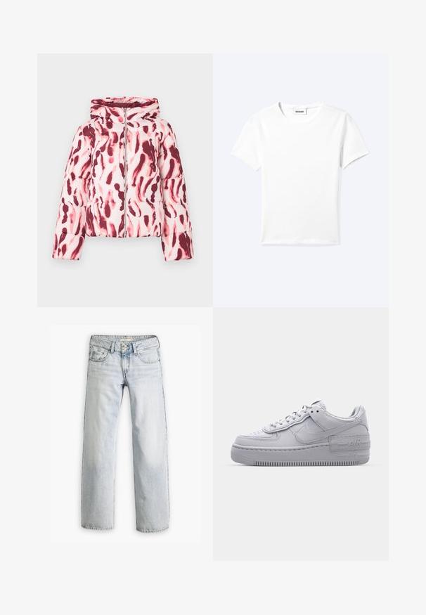 Polstret jakke med et pink og burgundermønster i abstrakt design, der har hætte og lynlås foran, lavet af et glat, let stof.; Ensfarvet hvid t-shirt med korte ærmer og rund halsudskæring med en lille "WEEKDAY" label indeni halskanten, vist fladt på en lys baggrund.; Lyseblå denimjeans med en afslappet pasform, høj talje og fem-lomme design. Har syning detaljer og knaplukning.; Grå Nike Air Force 1 sneakers med perforeret tå, glat læderoverdel, tyk sål og præget 'AIR' detalje på hælen.