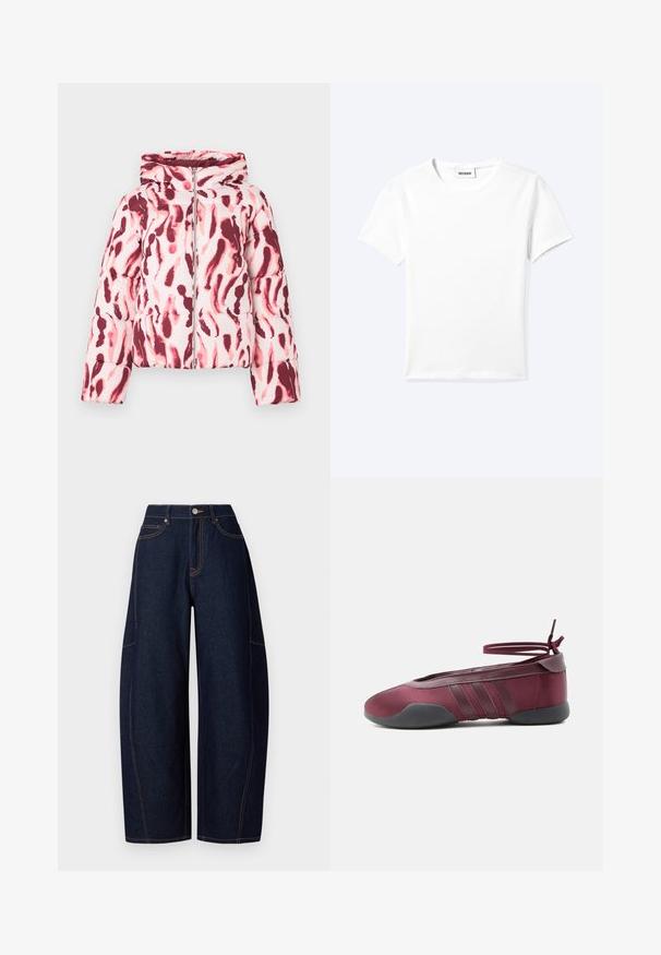 Veste rembourrée avec un motif abstrait rose et bordeaux, dotée d'une capuche et d'une fermeture éclair sur le devant, fabriquée à partir d'un tissu lisse et léger.; T-shirt blanc uni à manches courtes et col rond avec une petite étiquette "WEEKDAY" à l'intérieur de l'encolure, présenté à plat sur un fond clair.; Pantalons en denim bleu foncé à jambes larges avec des coutures orange contrastantes, cinq poches, et une fermeture à bouton et fermeture éclair à la taille.; Ballerine bordeaux avec semelle noire, brides élastiques à la cheville nouées en nœud, et détails cousus sur les côtés, vue de l'extérieur.