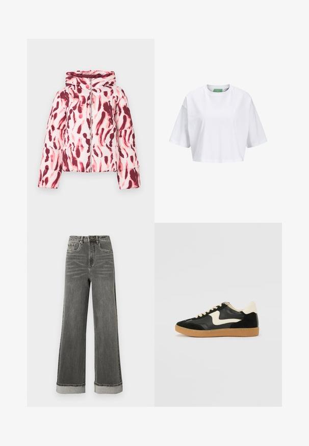 Polstret jakke med et pink og burgundermønster i abstrakt design, der har hætte og lynlås foran, lavet af et glat, let stof.; Hvid cropped t-shirt lavet af bomuld, med korte ærmer og rund hals. Grøn label indeni med synligt mærkenavn.; Grå denimjeans med vide ben, høj talje, fem lommer og opbukket kant. Stoffet har en let slidte struktur med synlige syninger.; Sorte ruskinds- og lædersneakers med en cremefarvet side-swoosh og lys cremefarvet hæl. Har beige snørebånd og en gummirubber-sål.