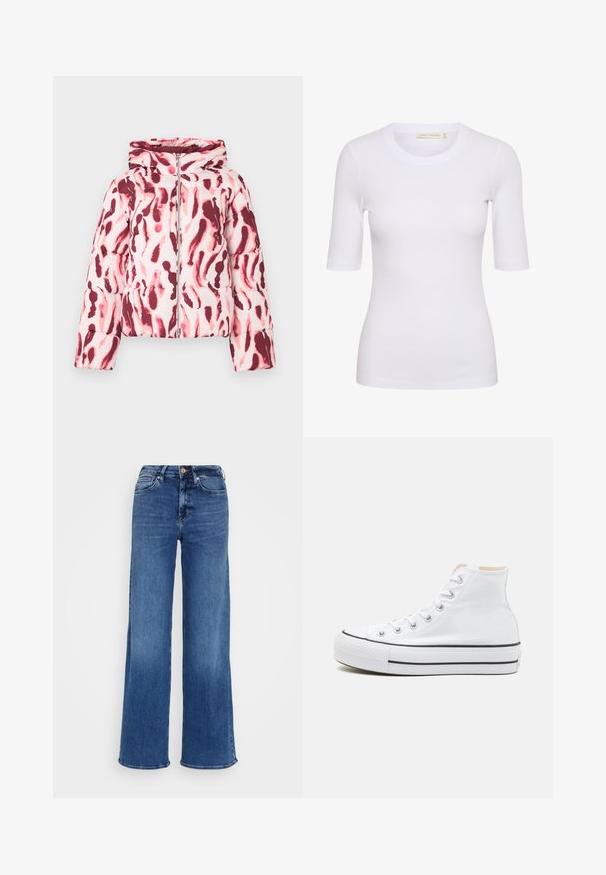 Polstret jakke med et pink og burgundermønster i abstrakt design, der har hætte og lynlås foran, lavet af et glat, let stof.; Hvid ribbet t-shirt med rund halsudskæring og korte ærmer. Stoffet fremstår blødt og strækkeligt, tætsiddende design med en diskret logo detalje.; Blå vidde-ben jeans lavet af denim med høj talje, fem lommer og knappelukning. Subtile falmede og syningsdetaljer synlige.; Hvide høj-top sneakers lavet af kanvasmateriale, sort gummisål og kontrasterende sort stribe på mellemsålen. Rund tåhætte og snørebåndsdesign.