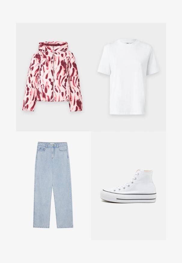 Veste rembourrée avec un motif abstrait rose et bordeaux, dotée d'une capuche et d'une fermeture éclair sur le devant, fabriquée à partir d'un tissu lisse et léger.; T-shirt en coton blanc à col rond, avec des manches courtes et une texture lisse. Conçu avec une coupe décontractée pour plus de confort et de polyvalence.; Jeans en denim bleu clair taille haute, avec une coupe droite, cinq poches et des coutures visibles. Le matériau a une texture de lavage classique.; Baskets montantes blanches en toile, semelle en caoutchouc noir et bande noire contrastante sur la semelle intermédiaire. Bout rond et design à lacets.