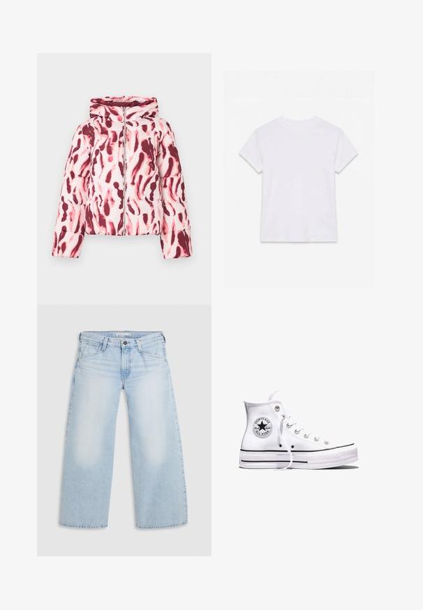 Polstret jakke med et pink og burgundermønster i abstrakt design, der har hætte og lynlås foran, lavet af et glat, let stof.; Hvid kortærmet t-shirt i bomuld med rund hals, lagt fladt på en hvid baggrund.; Lyseblå vid nederdel jeans lavet af denim. Har lige snit, fem lommers design og knaplukning i taljen.; Hvid Converse Chuck Taylor All Star højt snøresko med sorte striber og logoemblem på siden, vist mod en ensfarvet hvid baggrund.