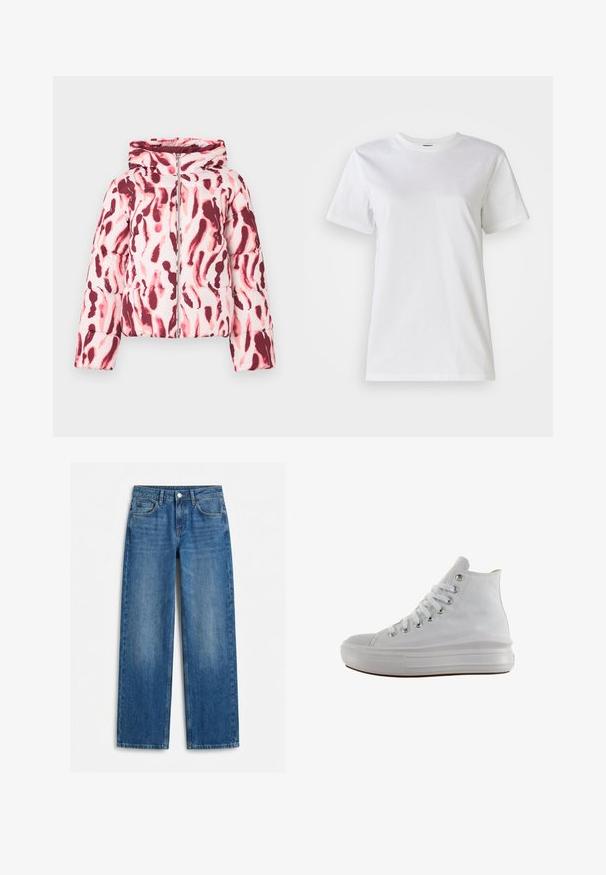 Polstret jakke med et pink og burgundermønster i abstrakt design, der har hætte og lynlås foran, lavet af et glat, let stof.; Hvid bomulds t-shirt med rund hals og korte ærmer. Stoffet er glat med en blød tekstur og uden synlige mønstre eller detaljer.; Blå jeans med lige ben, forlommer, bæltestropper og knaplukning, vist fladt på hvid baggrund.; Hvid højt canvas sneaksko med hvide snørebånd, metaløjer, tyk gummisål og tekstureret tåhætte, vendt mod venstre på en hvid baggrund.