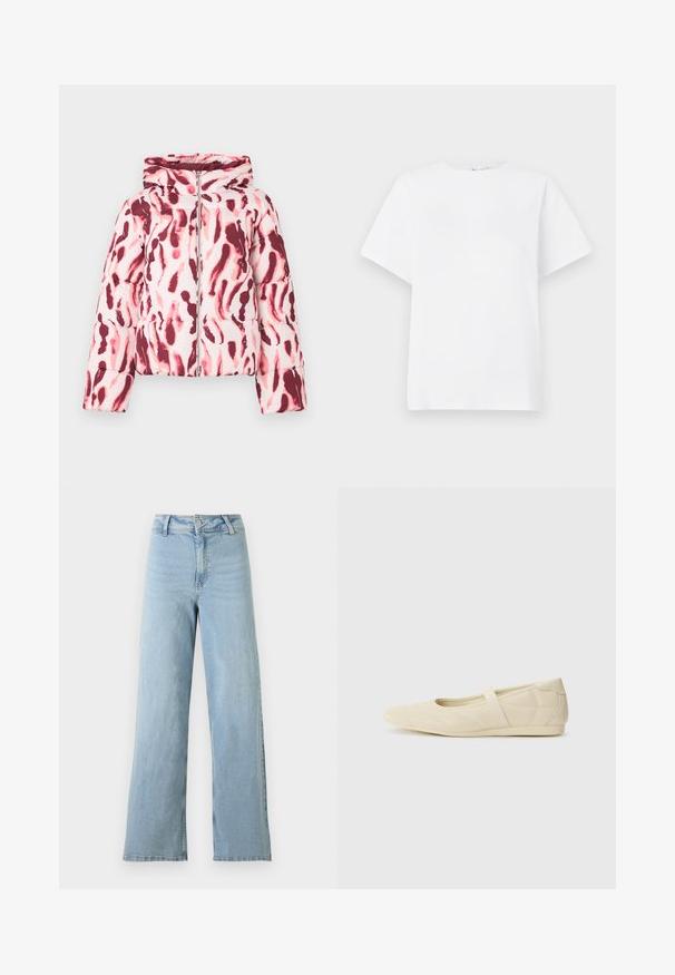 Polstret jakke med et pink og burgundermønster i abstrakt design, der har hætte og lynlås foran, lavet af et glat, let stof.; Hvid t-shirt med korte ærmer lavet af bomuldsstof. Har en rund hals, afslappet pasform og en glat struktur uden mønstre eller dekorationer.; Lyseblå højtaljede vidde jeans med forreste knap og lynlås, bæltestropper og uden synlige slidmærker.; Lysebrune ballet flats med en glat læderoverflade, mandelformet tå og elastisk rem over vristen, med diskrete syninger.