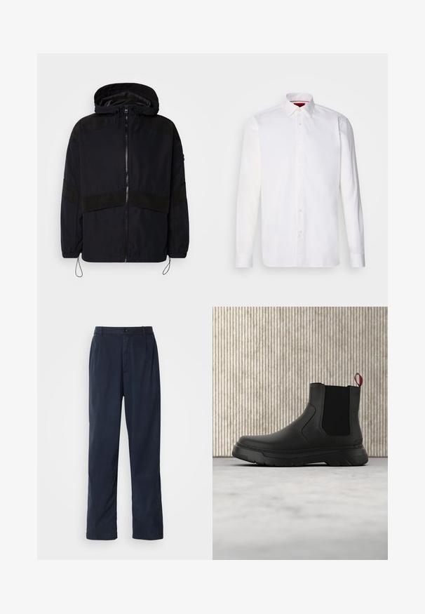 Mustahari musta na mweusi iliyo na kofia, yenye kufungwa kwa zipper na textures tofauti za matte kwenye mabega na kifua. Mshipa wa kurekebisha chini.; Valkoinen pitkähihainen paita, joka on valmistettu puuvillasta. Siinä on klassinen kaulus, edessä nappilista ja sileä pinta. Punainen yksityiskohta kauluksessa.; Tummansiniset housut, jotka on valmistettu puuvillasekoitteesta. Ominaisuuksiin kuuluu suora lahkeen muotoilu, etupainikekiinnitys ja hillityt laskokset. Sileä pinta.; Musta nilkkuri, jossa on sileä pinta, elastiset sivupaneelit ja erottuva punainen vetonauha, paksu kumipohja ja pyöristetty varvas.