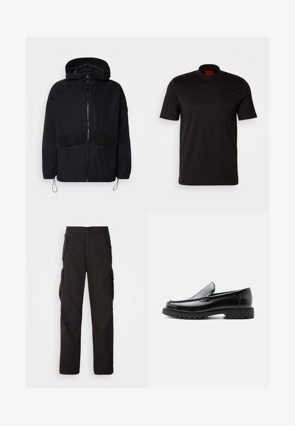 Veste noire avec capuche, dotée d'une fermeture éclair et de textures mates contrastées sur les épaules et la poitrine. Cordon de serrage ajustable à l'ourlet.; T-shirt noir à manches courtes avec un design à col haut. Fabriqué en tissu lisse. Présente une étiquette de marque rouge à l'intérieur du col.; Pantalons cargo noirs avec une coupe droite, une taille élastique, plusieurs poches latérales et un tissu texturé pour plus de durabilité.; Mocassin en cuir noir avec semelle en caoutchouc épaisse, dessus cousu et nom de marque embossé sur le talon, présenté de profil sur fond blanc.