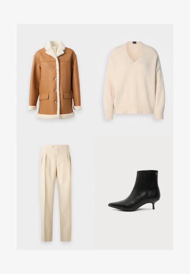 Tan faux læderjakke med cremet sherpa-fôr, krave, manchetter og kant, med knapper foran og to klaplommer.; V-hals, langærmet sweater i blødt cremefarvet strik. Har ribstrikkede manchetter og kant samt subtil åben maskestingdetalje foran.; Beige, højtaljede bukser med frontfolder, enkelt knaplukning og lige ben. Fremstillet af et struktureret, vævet stof.; Sort læder ankelstøvle med spids tå og lav kitten hæl på lys baggrund, der viser yderside.