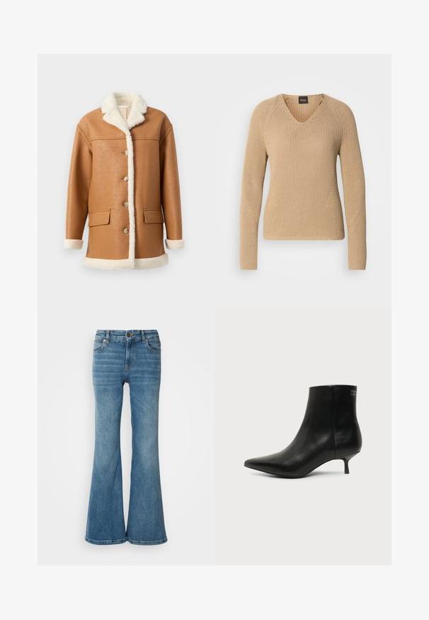 Tan faux leren jas met crèmekleurige sherpa voering, kraag, manchetten en zoom, voorzien van knopen aan de voorkant en twee klepzakken.; Beige gebreide trui met een V-hals, lange mouwen en een geribbelde textuur met diagonale stikdetails op de schouders.; Lichtblauwe flare jeans van denim, met vijf zakken, zichtbare stiksels en een knoop- en ritsluiting in de taille.; Zwart leren enkellaars met puntige neus en lage kittenhak op lichte achtergrond, zijaanzicht buitenkant.
