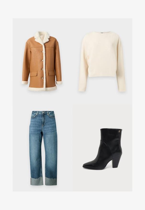 Tan faux leren jas met crèmekleurige sherpa voering, kraag, manchetten en zoom, voorzien van knopen aan de voorkant en twee klepzakken.; Roomkleurige cropped trui met lange mouwen en een ronde hals, gemaakt van fijn geribbelde gebreide stof.; Lichtblauwe denim jeans met een losse, rechte pasvorm. Heeft een rafelige zoom en contrasterend manchetdetail. Vijfzakkenontwerp met knoopsluiting.; Zwarte leren enkellaars met puntige neus, blokhak en klein gouden logo nabij de bovenzijde aan de buitenkant.