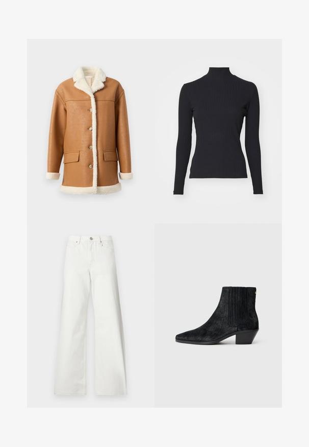 Manteau en simili cuir tan avec doublure en sherpa crème, col, poignets et ourlet, comportant des boutons sur le devant et deux poches à rabat.; Haut noir à col roulé côtelé avec des manches longues. Fabriqué en tissu extensible avec une coupe ajustée et un col montant. Design simple sans embellissements.; Jean blanc taille haute à jambes larges, fermeture à boutons devant, passants de ceinture et poches avant sur fond uni.; Bottine noire à bout pointu, en matériau texturé imitant les cheveux, avec un panneau latéral à nervures et un petit talon carré. Un design simple et moderne.