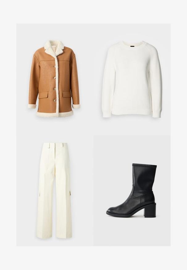 Manteau en simili cuir tan avec doublure en sherpa crème, col, poignets et ourlet, comportant des boutons sur le devant et deux poches à rabat.; Pull en maille blanc à manches longues avec col rond et poignets et ourlet côtelés, présenté sur un fond clair uni.; Pantalons cargo à jambes larges en tissu crème clair, dotés de poches à rabat, d'une taille haute et de fentes latérales pour un détail et une fonctionnalité supplémentaires.; Botte en cuir noir à cheville avec un bout rond, texture lisse et un talon épais, présentant un tige ajustée et un subtil détail de couture.