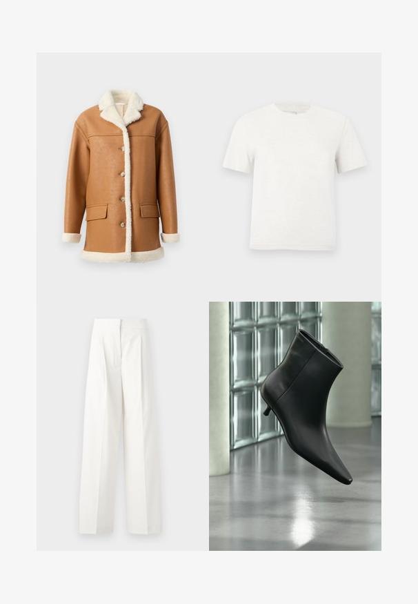 Tan faux læderjakke med cremet sherpa-fôr, krave, manchetter og kant, med knapper foran og to klaplommer.; Hvid, kortærmet bomulds-T-shirt med rund halsudskæring og et diskret broderet logo placeret midt på brystet.; Hvide vide bukser med høj talje, der har frontfolder og en glat tekstur, lavet af letvægtsstof.; Sort læderankelstøvle med spids tå og lav kitten-hæ, vist vinklet mod en poleret gulv- og glasblokvæg.