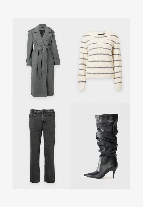 Trench-coat gris en mélange de laine avec une taille ceinturée, de larges revers et des épaulettes. Comprend des poches latérales et un design à simple boutonnage.; Pull en tricot crème avec des rayures horizontales grises, encolure en V, manches longues et poignets côtelés pour une texture et un ajustement. ; Jeans en denim noir avec une coupe droite, comportant cinq poches, des passants de ceinture et une fermeture à bouton à l'avant. Le tissu texturé présente une légère usure.; Bottes noires en cuir montant jusqu'au genou avec un design lâche, bout pointu et talon aiguille élancé. Texture lisse, matériel minimal.