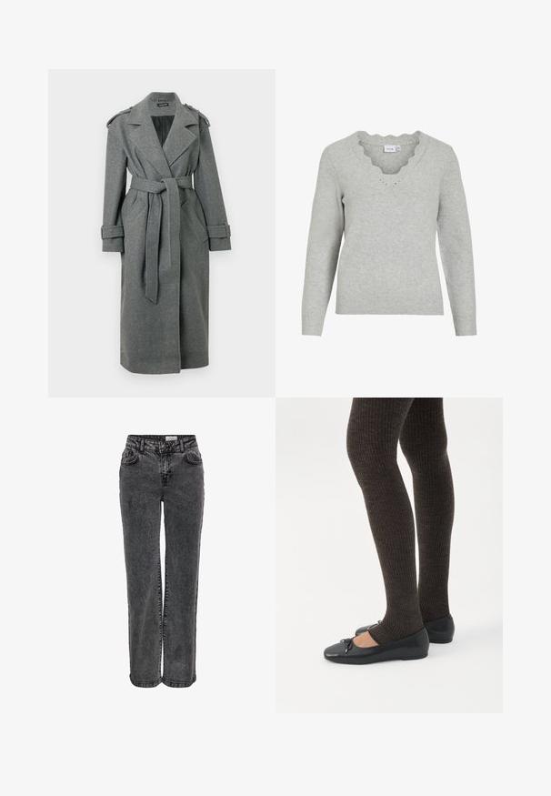 Trench-coat gris en mélange de laine avec une taille ceinturée, de larges revers et des épaulettes. Comprend des poches latérales et un design à simple boutonnage.; Pull gris clair à manches longues et décolleté en V. Présente des détails à bords festonnés et une texture tricot douce. Design minimaliste.; Jeans en denim noir au design droit, avec poches avant, passants de ceinture et une texture légèrement délavée.; Jambes portant des leggings côtelés foncés associés à des ballerines noires avec de petits détails en nœud sur fond blanc.