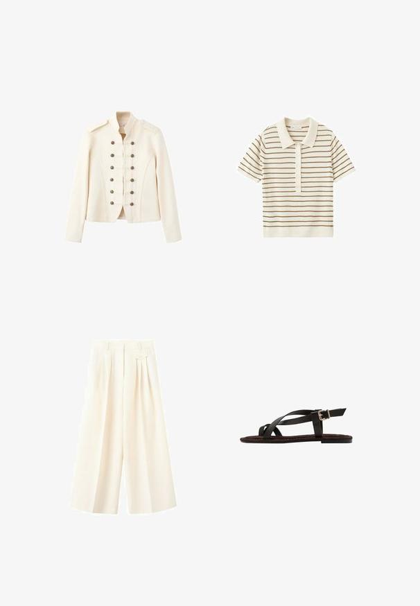Veste style militaire blanc cassé avec col montant et deux rangées de boutons métalliques décoratifs à l'avant.; Polo crème à manches courtes avec rayures horizontales marron, patte de boutonnage et col ainsi que bords de manches côtelés.; Pantalon crème taille haute à jambes larges avec plis à l'avant, une ceinture avec passants et une petite poche à rabat sur le côté droit.; Sandale plate noire avec des lanières croisées et une bride à boucle dorée à la cheville, présentée de profil sur fond blanc.
