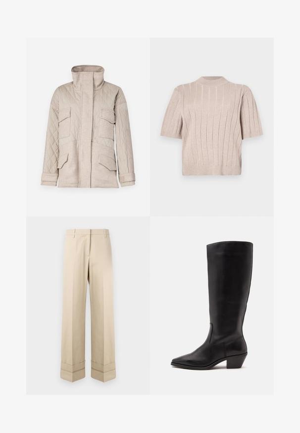 Quiltet beige jakke med høj krave, fire forlommer og kontrast i tekstur. Folder ved ærmerne tilføjer detalje.; Kortærmet beige sweater lavet af tekstureret strik. Har lodret ribbning og en høj halsudskæring. Blødt stof med subtil glans.; Beige bukser med lige pasform, der har en dobbelt manchet i kanten og en flad frontdesign. Lavet af glat, slidstærkt stof.; Sort læderstøvle til midtkalv med spids tå og lavt skråt hæl på en enkel lys baggrund.