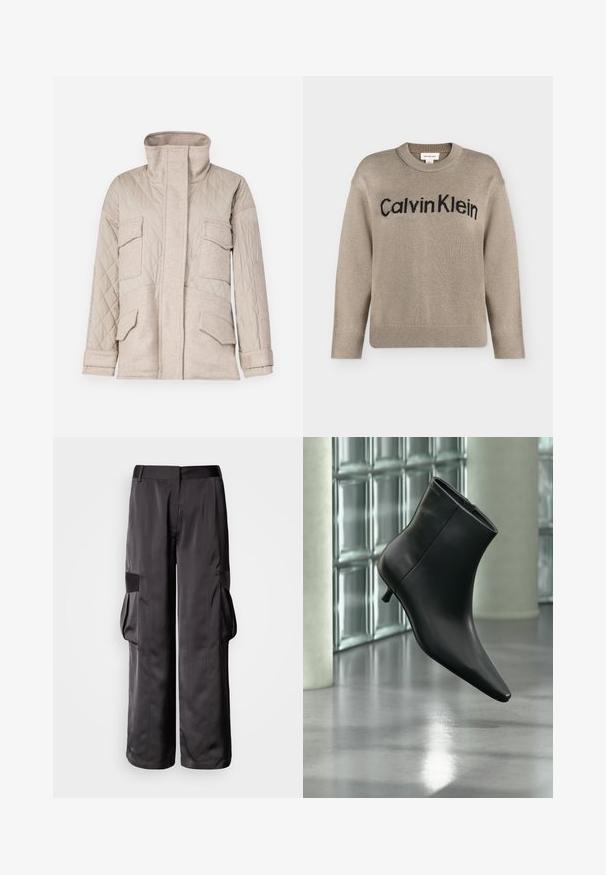 Chaqueta beige acolchada con un alto cuello, cuatro bolsillos frontales y contraste de tejido texturizado. Los pliegues en los puños añaden detalle.; Jersey de punto beige de manga larga con puños y bajo acanalados, con el logo "Calvin Klein" en negro en el pecho.; Pantalones cargo negros de tela suave, con piernas anchas, grandes bolsillos laterales y una cintura plana con detalles destacados.; Botín negro de cuero con punta puntiaguda y tacón bajo estilo kitten, mostrado en ángulo sobre un suelo pulido y con una pared de bloques de vidrio de fondo.