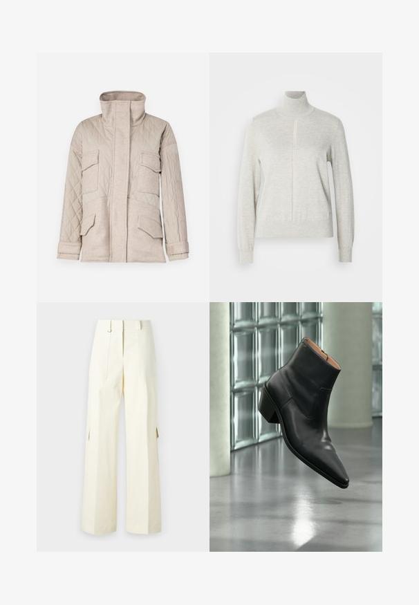 Chaqueta beige acolchada con un alto cuello, cuatro bolsillos frontales y contraste de tejido texturizado. Los pliegues en los puños añaden detalle.; Suéter gris claro con un cuello alto y cremallera de un cuarto. Fabricado con un material suave y texturizado, cuenta con mangas largas y un dobladillo ajustado.; Pantalones cargo de pierna ancha en tela de color crema claro, con bolsillos tipo parche, cintura alta y aberturas laterales para añadir detalle y funcionalidad.; Botín de piel negra con puntera puntiaguda y tacón cuadrado que levita sobre un suelo gris reflectante cerca de una pared de bloques de cristal.