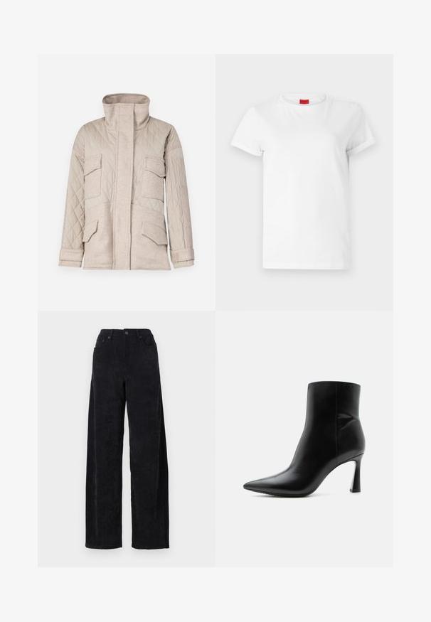 Beige gewatteerde jas met hoge kraag, vier frontzakken en een contrasterende textuur. Vouwen bij de mouwen zorgen voor extra detail.; Witte T-shirt met korte mouwen, gemaakt van lichtgewicht katoen. Heeft een ronde hals en opgerolde mouwen. Rode merketiket op de kraag.; Zwarte corduroy wijde pijpen broek met een hoge taille, voorzien van twee zakken aan de voorkant en subtiele verticale ribbelstructuur.; Zwarte leren enkellaars met puntige neus en smalle, hoge naaldhak, getoond in zijaanzicht op een witte achtergrond.