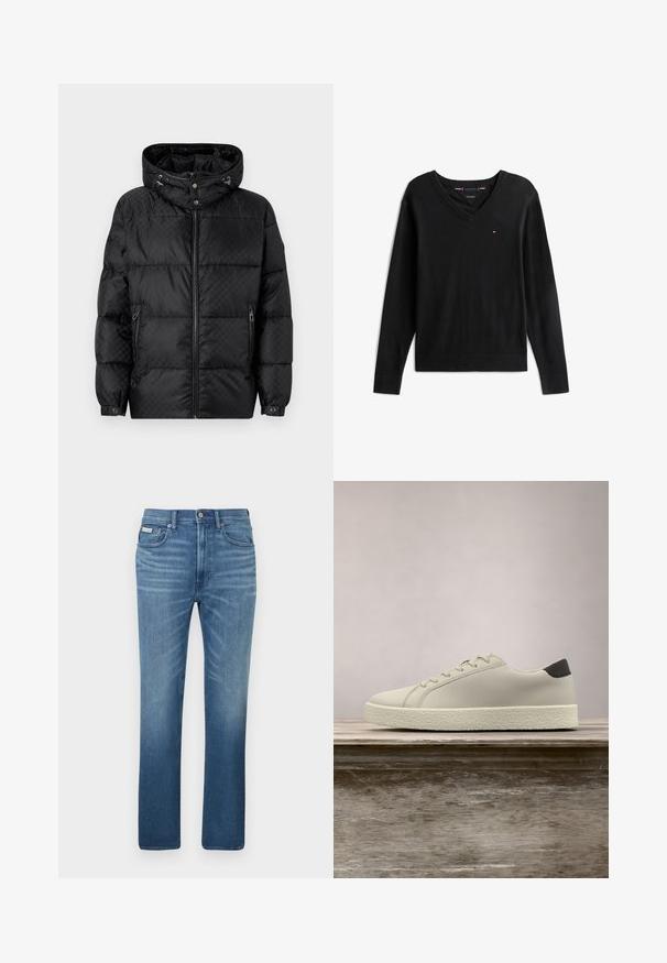 Schwarze Pufferjacke mit Kapuze, gestepptem Design, Frontreißverschluss und Seitentaschen. Mit silberner Hardware und elastischen Bündchen.; Schwarzer Langarm-V-Ausschnitt-Pullover mit kleinem rot-weiß-blauem Logo auf der linken Brust, flach auf weißem Hintergrund dargestellt.; Hellblaue Jeans aus Denim mit geradem Schnitt, fünf Taschen und einem ausgewaschenen Finish, mit einem Markenpatch am Bund.; Weißer Sneaker mit strukturierter Sohle und schwarzem Absatzdetail, schwebend über einer Holzbank mit hohem grünem Gras im Hintergrund.