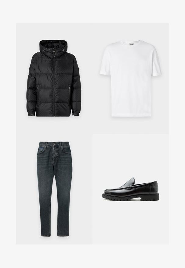 Schwarze Pufferjacke mit Kapuze, gestepptem Design, Frontreißverschluss und Seitentaschen. Mit silberner Hardware und elastischen Bündchen.; Weißes Baumwoll-T-Shirt mit Rundhalsausschnitt, kurzen Ärmeln und umgeschlagenen Bündchen; schlichtes Design, weiche Textur und gerade geschnitten.; Dunkelgraue Denim-Jeans mit geradem Bein-Design, fünf Taschen, Knopfverschluss und subtiler Ausbleichung. Hergestellt aus Baumwolle mit glatter Textur.; Schwarzer Lederloafer mit grober Gummisohle, genähter Oberseite und geprägtem Markennamen an der Ferse, seitlich auf weißem Hintergrund gezeigt.