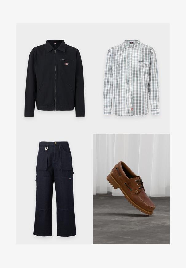 Veste noire zippée avec col, deux poches latérales et une petite poche poitrine zippée avec un patch logo circulaire.; Chemise à carreaux boutonnée en blanc, vert et bleu. Elle comporte des manches longues, un col, deux poches avant et une broderie de logo sur la poitrine.; Pantalon de travail en denim bleu foncé à jambes larges avec grandes poches avant et latérales, fermeture par boutons, et petite étiquette logo sur la cuisse.; Chaussure de bateau en cuir marron avec des lacets noirs, des coutures beiges et une semelle robuste, suspendue au-dessus d'un sol en béton gris.