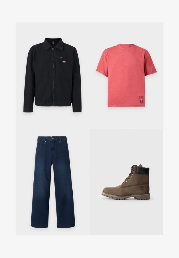 Veste noire zippée avec col, deux poches latérales et une petite poche poitrine zippée avec un patch logo circulaire.; T-shirt rouge délavé à manches courtes avec col rond, petite étiquette de marque et détail de boucle en métal près de l'ourlet inférieur.; Jean denim bleu foncé à jambes larges avec fermeture avant à bouton et zip, poches avant et arrière, présenté sur fond blanc.; Bottines en cuir marron avec un col noir, œillets en métal et semelle grise robuste. Comprend un logo sur le côté et des détails cousus.