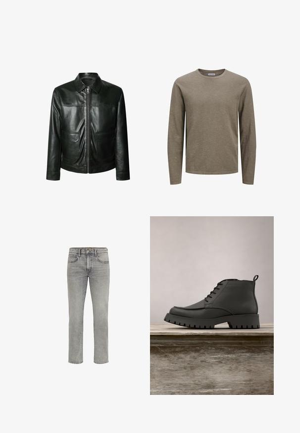 Veste en cuir noir avec fermeture éclair, deux poches avant et un col ajusté. Texture lisse avec des détails de couture visibles.; Chemise à manches longues en olive terne, fabriquée dans un tissu doux avec un col rond et des coutures soignées, dotée d'un design simple et classique.; Jean en denim gris à coupe droite, avec cinq poches, une fermeture à boutons sur le devant et un léger effet délavé. Accents de couture le long des coutures.; Bottine en cuir noir avec un bout arrondi, des lacets et une semelle épaisse et robuste avec des profondeurs marquées. Élevée sur une surface en bois.