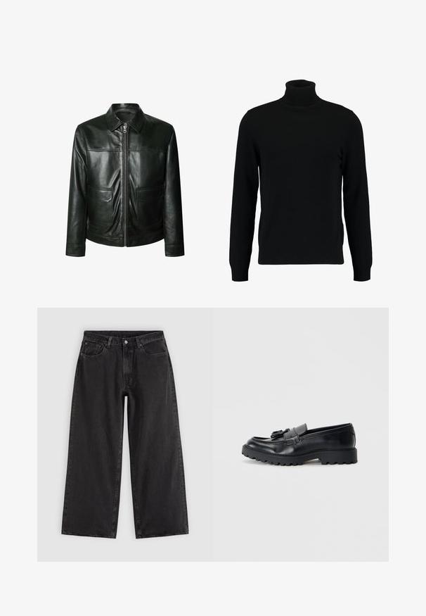 Sort læderjakke med lynlås, to frontlommer og skræddersyet krave. Glat tekstur med synlige syninger.; Sort turtleneck sweater lavet af et blødt strikmateriale. Har lange ærmer, ribbet krave og kant. Enkel, slank design uden mønstre.; Sorte denim jeans med vide ben, forlommer, bæltestropper og knaplukning, vist på en ensfarvet lys baggrund.; Sorte læder loafers med en blank finish, kraftig gummisål og dekorativt frynse-detalje på forsiden.