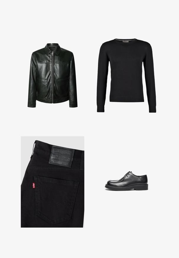 Sort læderjakke med lynlås, to frontlommer og skræddersyet krave. Glat tekstur med synlige syninger.; Sort strikket sweater med lange ærmer, rund halsudskæring samt ribbede manchetter og bund. Glat tekstur og tætsiddende design.; Sort Levi's jeans med baglomme til højre med rød Levi's-mærkat og sort lædermærke med størrelse W32 L.; Sorte lædersko med rund tå, lige søm detaljer og en lavprofil gummisål. Klassisk rent design, snørelukning.