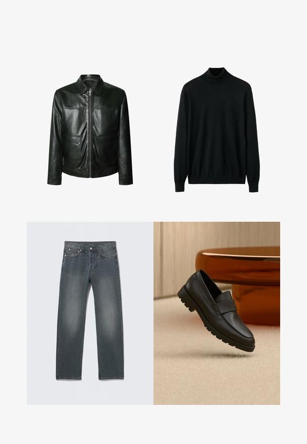 Chaqueta de cuero negro con cierre de cremallera, dos bolsillos delanteros y un cuello a medida. Textura suave con detalles de costura visibles.; Suéter de cuello alto negro hecho de tela suave, con mangas largas, cuello ajustado y detalles acanalados en los puños y el dobladillo.; Vaqueros de mezclilla gris oscuro de pierna recta con bolsillos delanteros, trabillas para cinturón, cierre de botón y sutiles detalles desgastados.; Mocasín de cuero negro con suela gruesa y estriada mostrado sobre alfombra beige, mesa curva marrón al fondo.