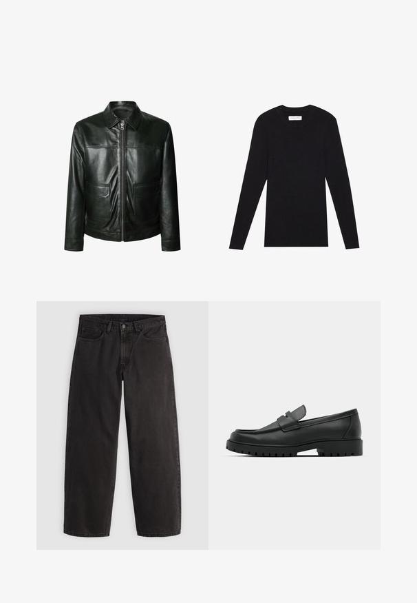 Schwarze Lederjacke mit Reißverschluss, zwei Vorder- taschen und maßgeschneidertem Kragen. Glatte Textur mit sichtbaren Nahtdetails.; Pier One by Zalando MUSCLE FIT KNITJUMPER - Strickpullover - black; Schwarze gerade geschnittene Jeans aus Denim mit fünf Taschen und Gürtelschlaufen, flach auf einem einfarbigen hellen Hintergrund liegend dargestellt.; Schwarze Lederloafer mit runder Zehenform, ausgestattet mit einem gesteppten Design, niedrigem Plattformsohle und einer strukturierten, genoppten Gummisohle.