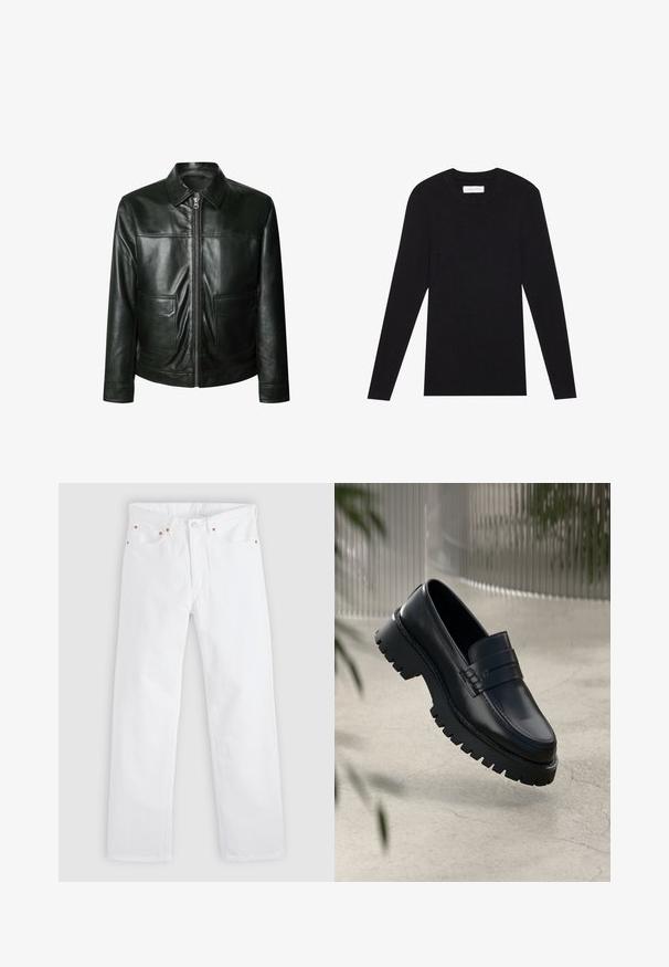 Chaqueta de cuero negro con cierre de cremallera, dos bolsillos delanteros y un cuello a medida. Textura suave con detalles de costura visibles.; Pier One by Zalando MUSCLE FIT KNITJUMPER - Jersey de punto - black; Vaqueros blancos de pierna recta con diseño de cinco bolsillos, cierre de botón y cremallera, y detalles de remaches de cobre en los bolsillos.; Mocasines de cuero negro con suela gruesa, que presentan una correa decorativa y detalles de costura. Textura suave con un acabado pulido.