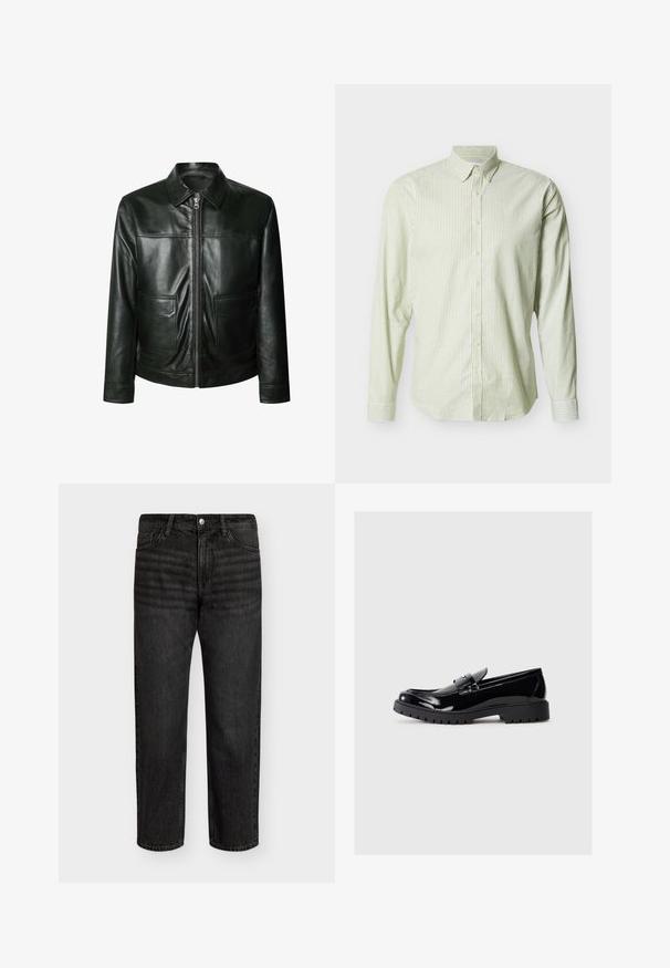 Chaqueta de cuero negro con cierre de cremallera, dos bolsillos delanteros y un cuello a medida. Textura suave con detalles de costura visibles.; Camisa de manga larga con botones, con rayas verticales en verde claro y blanco, y cuello abotonado sobre un fondo liso.; Jeans de mezclilla negra con corte recto, con una cintura de altura media, cinco bolsillos y cierre de botón de metal. Textura suave con un ligero desgastado.; Mocasines de charol negro con punta redondeada, correa decorativa y suela de goma gruesa con profundas ranuras para mayor tracción.